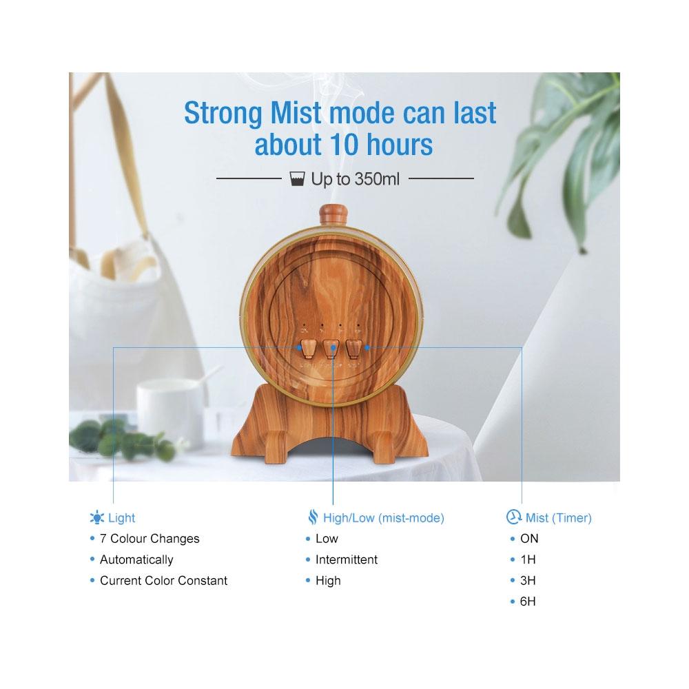 Essential Oil Aroma Diffuser - 350ml Barrel Wood Ultrasonic Air Mist