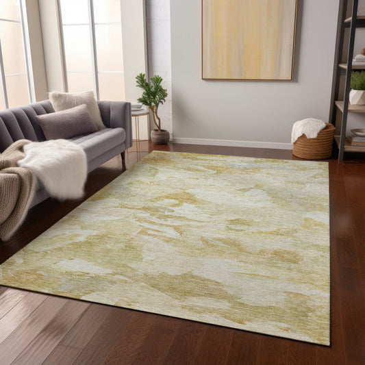 3' X 5' Beige Light Green And Brown Abstract Washable Indoor Outdoor